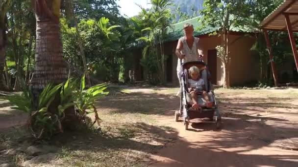 Abuela lleva niña en cochecito — Vídeos de Stock
