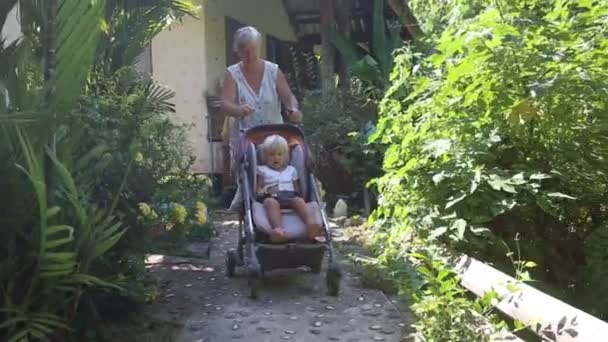 Grootmoeder draagt peuter meisje in pram — Stockvideo