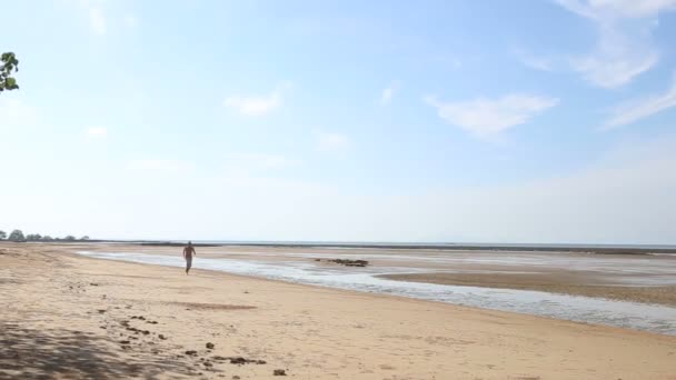 Oude man loopt op strand — Stockvideo