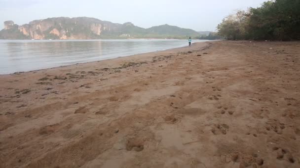 Девушка бегает по пляжу — стоковое видео