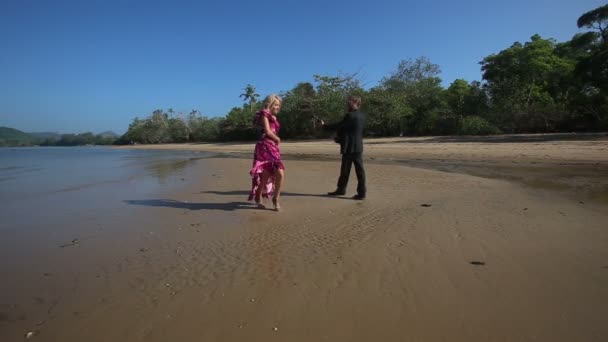 Flicka och gitarristen på stranden — Stockvideo