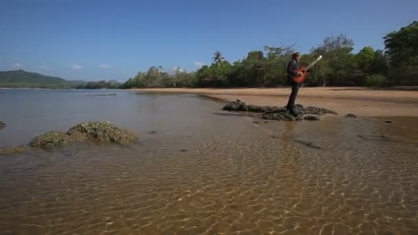 Guitarist playing for girl near sea — Stock Video