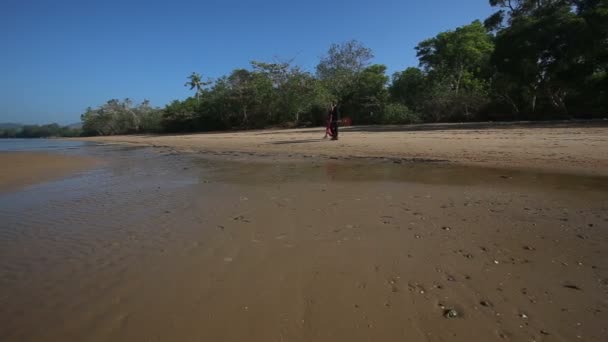 Woman and man with guitar on beach — Stock Video