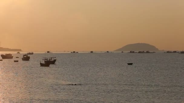 Bateaux de pêche en mer à l'aube — Video