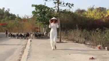 keçi ile yol boyunca kız yürüyor