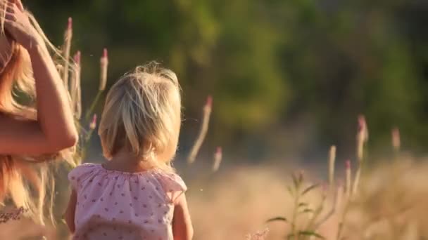 Blond moeder toont dochter veld — Stockvideo