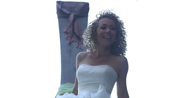 Bride smiling in longtail boat — Stock Video