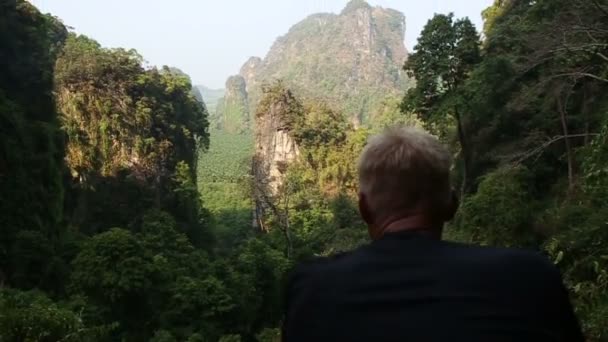 Homem vista traseira olha para canyon — Vídeo de Stock