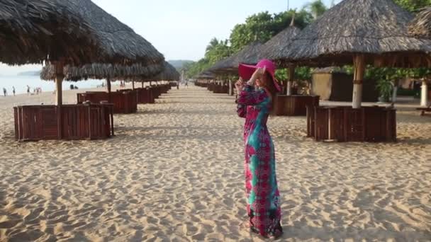 Girl in long dress poses on beach — Stock Video