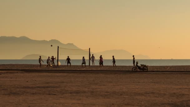 Люди играют в волейбол на пляже — стоковое видео