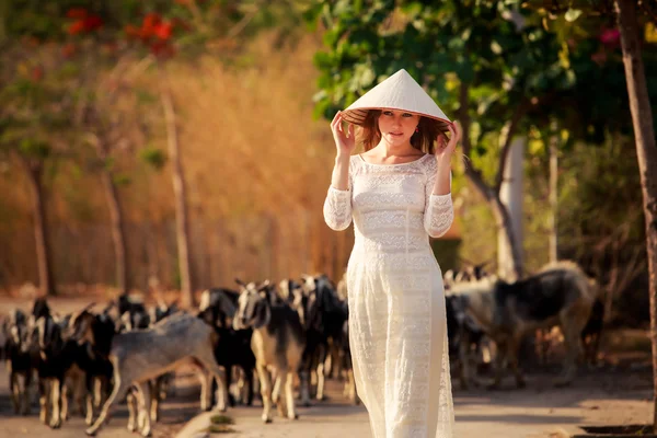 Meisje in Vietnamese jurk tegen kudde — Stockfoto
