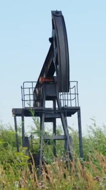 Petrol pompası yeşil arazide duruyor ve petrol çıkarıyor. Mekanik yağ pompası açık alanda yükselir ve düşer. Yüzeye koyu yağ getirir. Dikey çekim