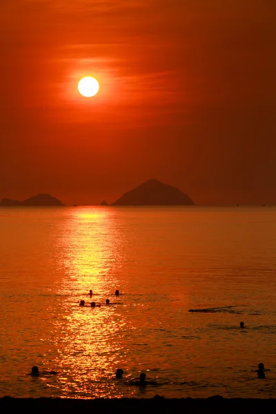 人们在大海里游泳在日出 — 图库照片