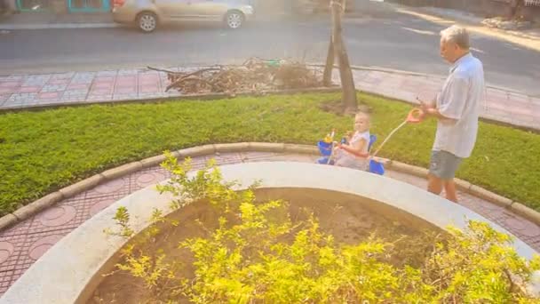 Дедушка с ребенком гуляя в парке — стоковое видео