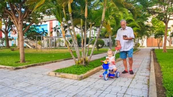 Дедушка с ребенком гуляя в парке — стоковое видео