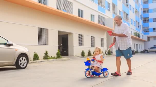 Grand-père avec enfant marchant dans le parc — Video