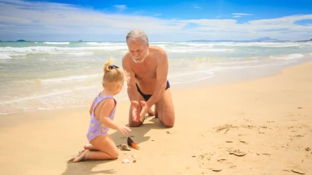 Farfar med liten flicka på strand — Stockvideo