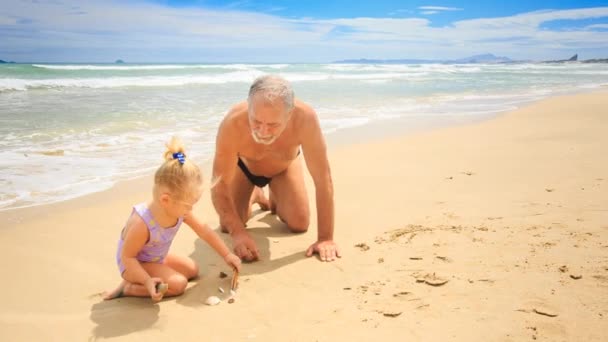 Grootvader met meisje op strand — Stockvideo