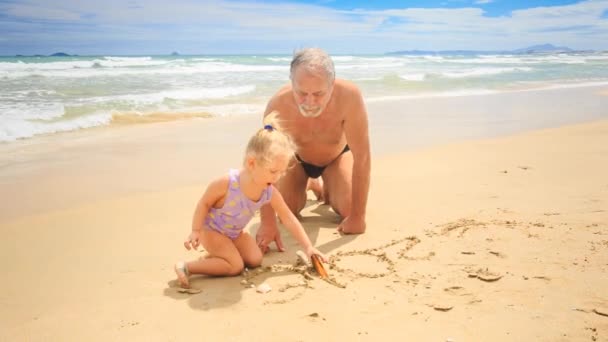 Grootvader met meisje op strand — Stockvideo