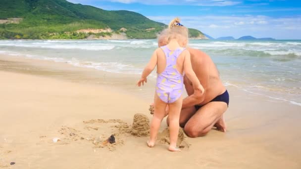 Дедушка с маленькой девочкой на пляже — стоковое видео