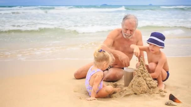 Grandfather with boy and girl on beach — Stock Video