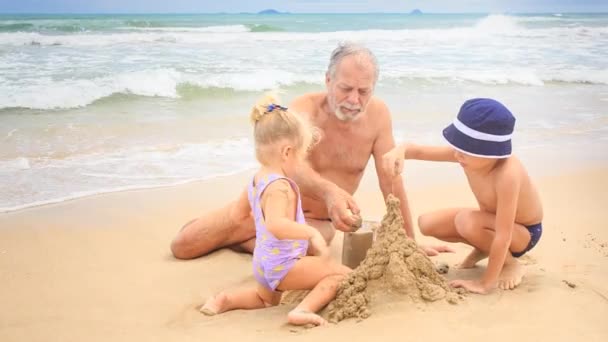 Дедушка с парнем и девочкой на пляже — стоковое видео