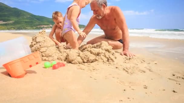 Farfar med pojke och flicka på stranden — Stockvideo