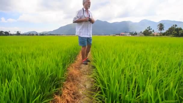 Зрелый человек с камерой в зеленом поле — стоковое видео
