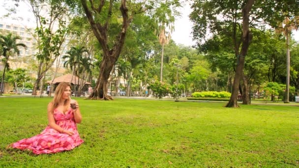 Mujer en la hierba y beber jugo — Vídeos de Stock