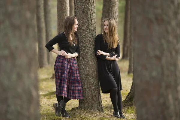 Teen girls standing in forest — Stock Photo, Image