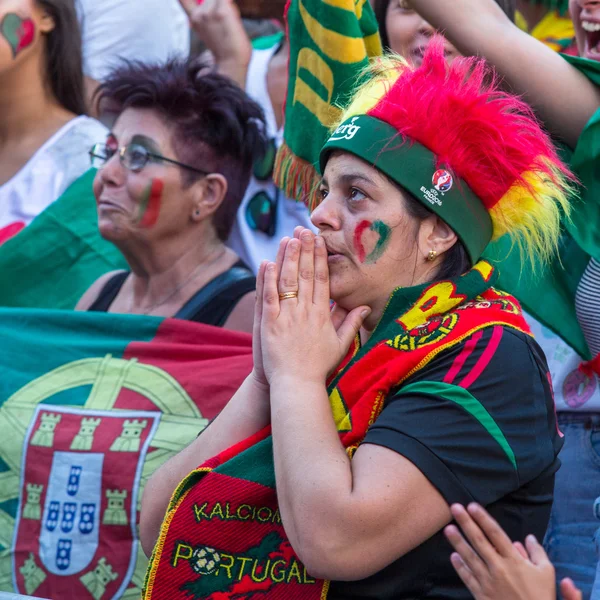 Portugisiske fans under fotballkampen stockbilde