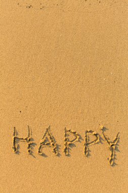 Happy - kumlu bir plaj üzerinde çizilmiş 