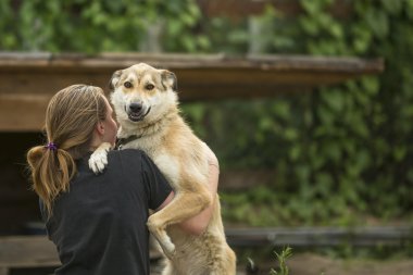 Kız köpekle oynuyor.