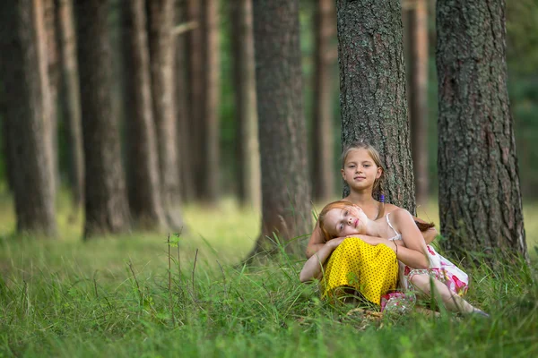 Hermanas en bosque de pinos — Foto de Stock