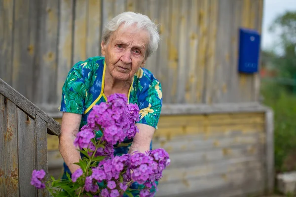 Alte Frau beschäftigt mit den Blumen — Stockfoto