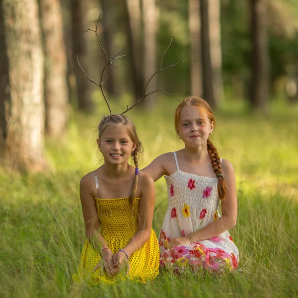 Små flickor i skogen. — Stockfoto