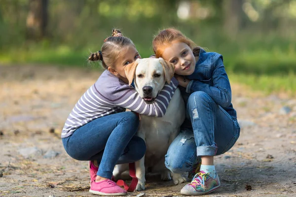 Маленькие девочки с собакой — стоковое фото