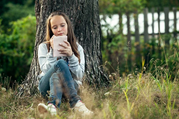 在公园里 一个小女孩坐在笔记本电脑的奶牛场里写作 — 图库照片