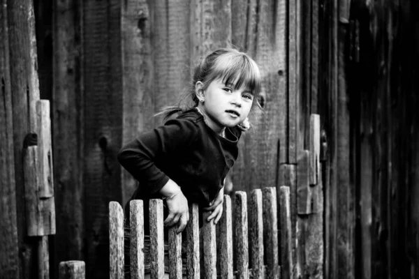 可爱的小女孩站在古老的乡村篱笆边 黑白摄影 — 图库照片