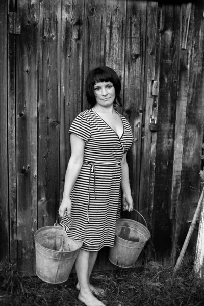 Portrait Woman Standing Buckets Her Hands Village Black White Photography — Stock Photo, Image