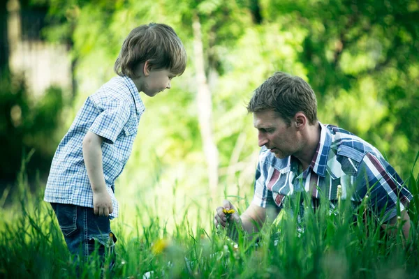 父亲和他的小儿子在花园里玩耍 — 图库照片
