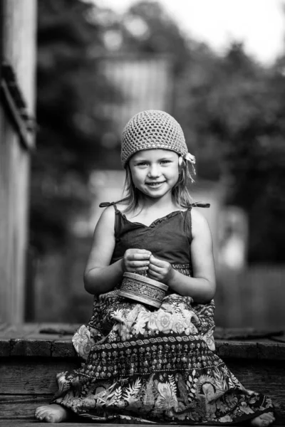 Little Girl National Dress Sitting Outdoor Village Black White Photo — Stock Photo, Image