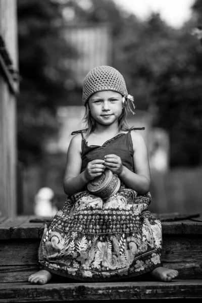 Little Cute Girl National Dress Village Black White Photo — Stock Photo, Image