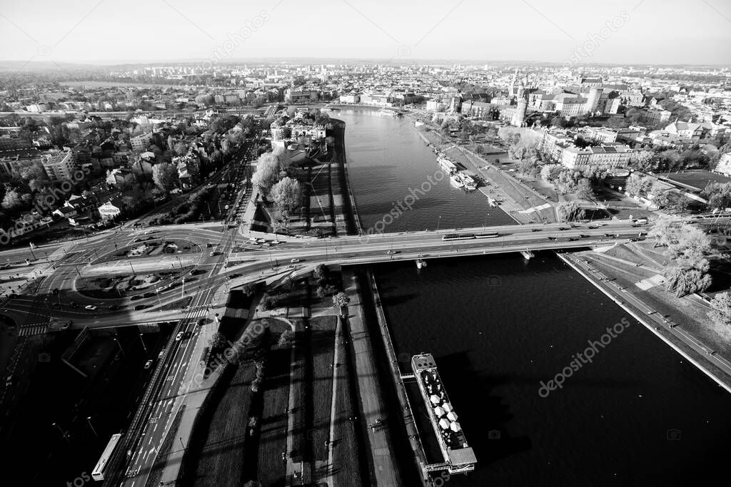 Top view of the Vistula River in Krakow. Black and white photo.