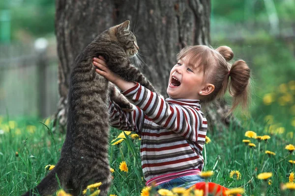 かわいいです女の子と猫で緑の草 — ストック写真