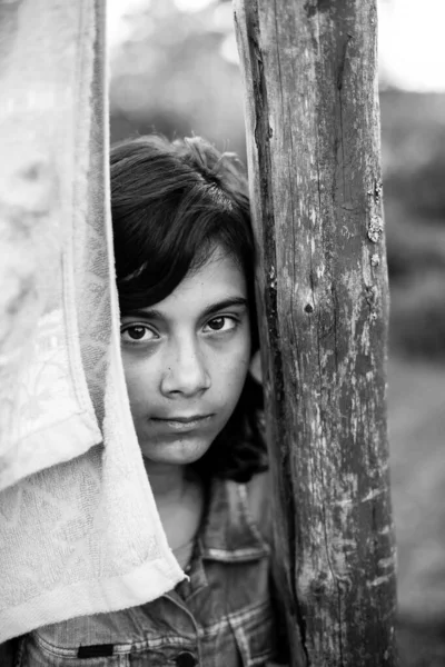 Portrait Young Dark Haired Girl Black White Photo — Stock Photo, Image