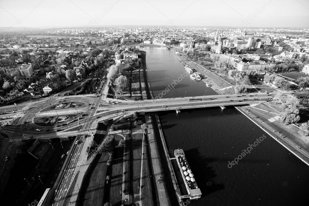 Arial view of the Vistula River in Krakow, Poland. Black and white photo.