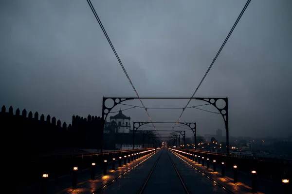 View Dom Luis Bridge Railway Tracks Night Porto Portugal — Stock Photo, Image