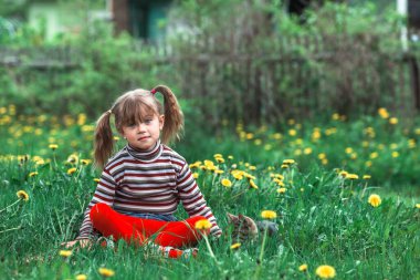 Köydeki yeşil çimlerde kedisi olan küçük kız..
