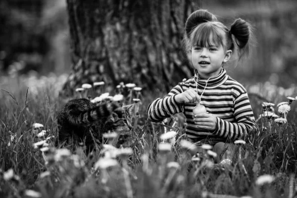 Menina Engraçada Brincando Com Gato Foto Preto Branco — Fotografia de Stock